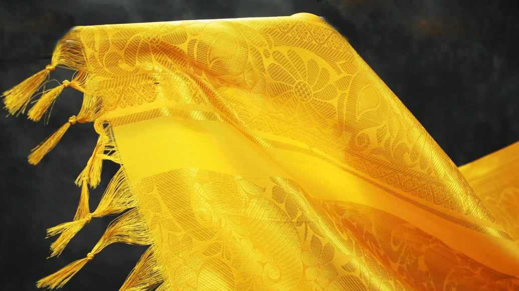 Yellow Zari Pattu Shawl with Fringe for Ponnadai, Arangetram and Traditional Events