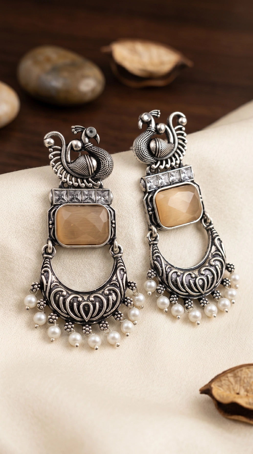 Antique Peacock Motif Square Stone & Crystal Drop Earrings in Cream Tone for Women (Fashion Jewellery)