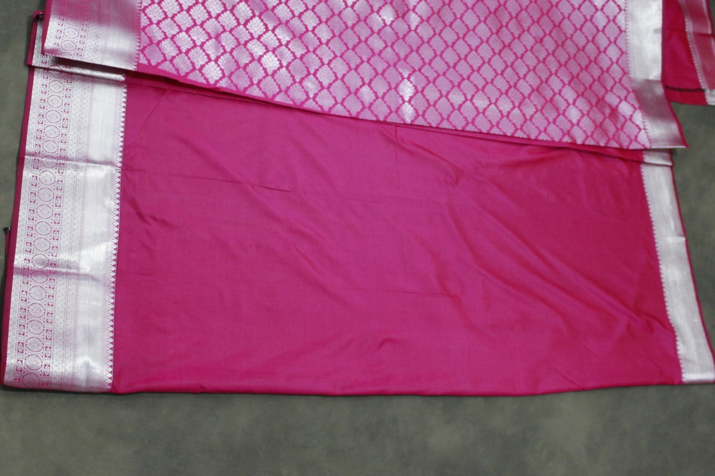 Magenta Pink Bridal Vaira Oosi Saree with Silver Zari Border and Matching Blouse, Soft Silk