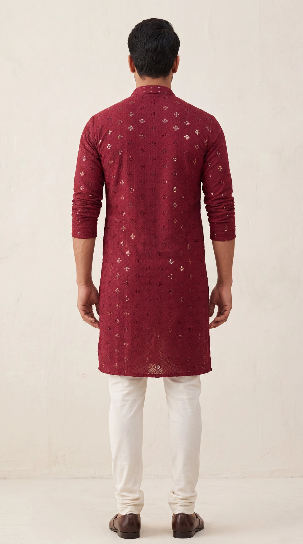 Men's Maroon Lakhnavi Kurta with Sequined Texture and Band Collar for Festive Wear