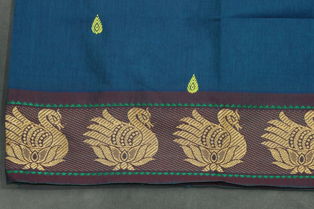 Rama Blue Poly Cotton Butta Saree with Gold-Colour Swan Thread Border - Traditional Indian Saree Saree JCS Fashions