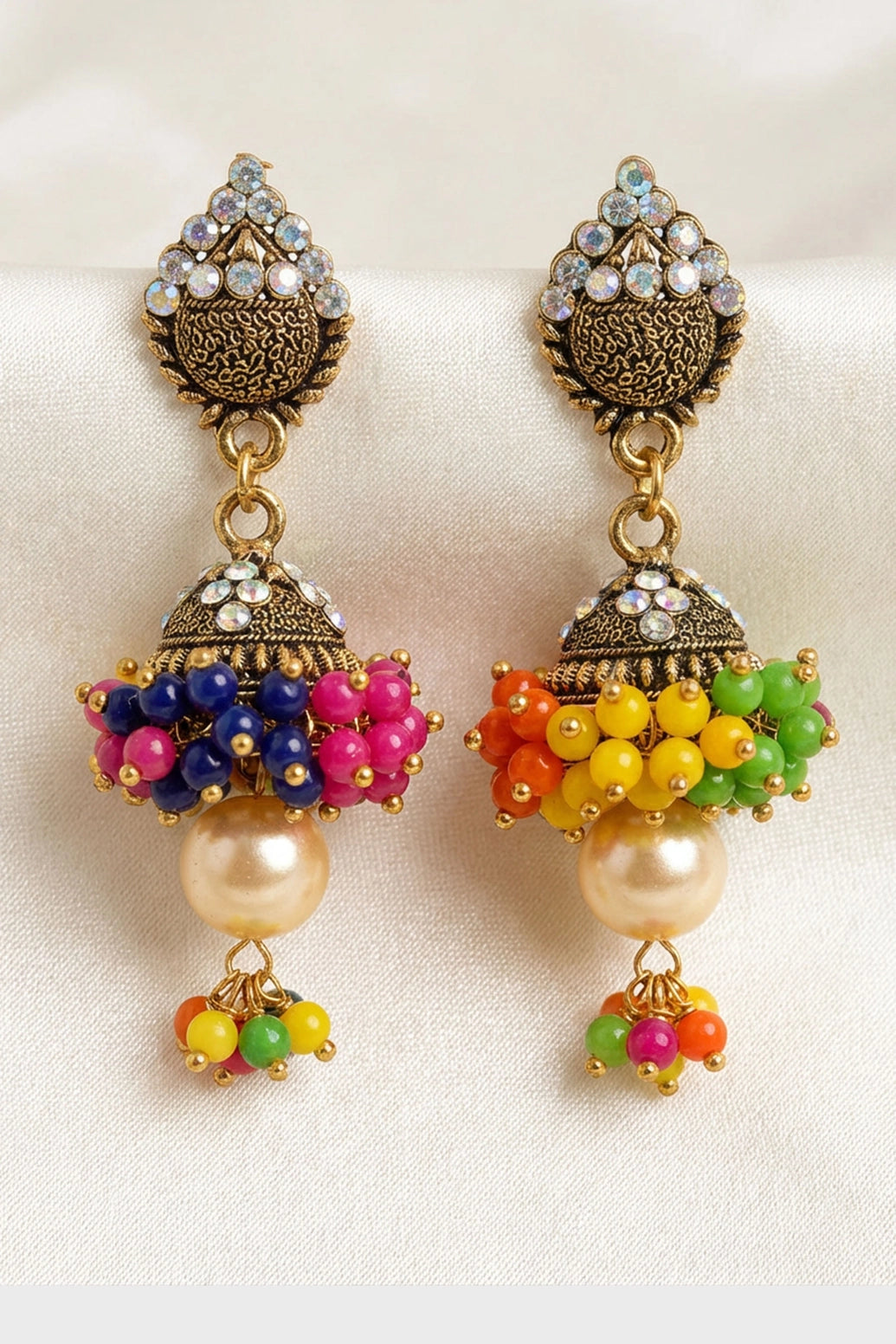 Traditional Multi-Color Jhumka Earrings with Gold-Tone Dome Design and White Stones, Beaded Danglers