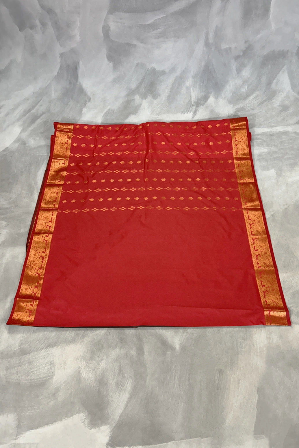 Red Soft Silk Saree with Korvai Border and Delicate Gold Zari Buttas, Traditional Floral Zari Border