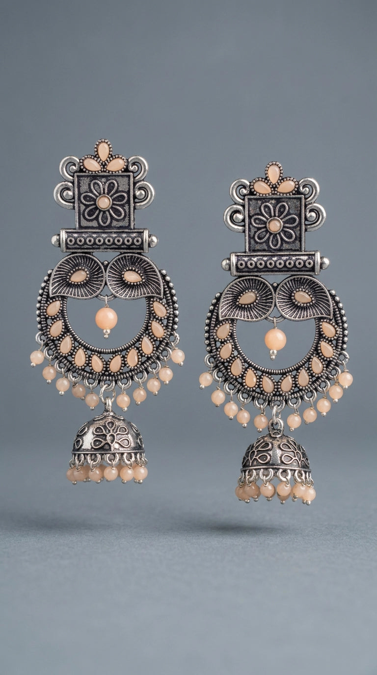 Oxidised Silver Peach Stone Statement Jhumka Earrings with Floral Square Stud Design for Women