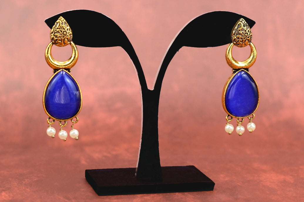 Gold-Tone Blue Teardrop Ethnic Earrings with Pearl Drops – Traditional Fashion Jewellery Jewelry JCS Fashions