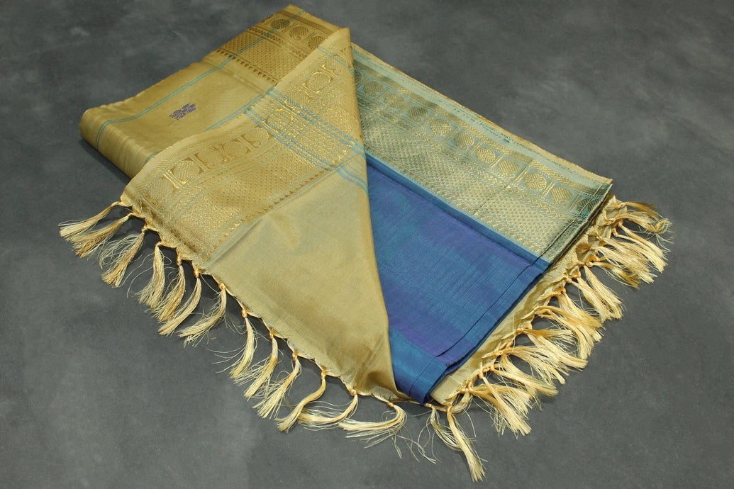 Peacock Blue Vaazhai Naar (Banana Pith) Saree with Zari Border and Butta
