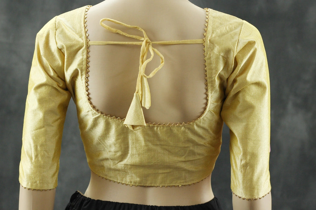 Readymade Gold Raw Silk Padded Blouse with Elbow Sleeves and Back Knot - Fully Stitched Blouse JCS Fashions