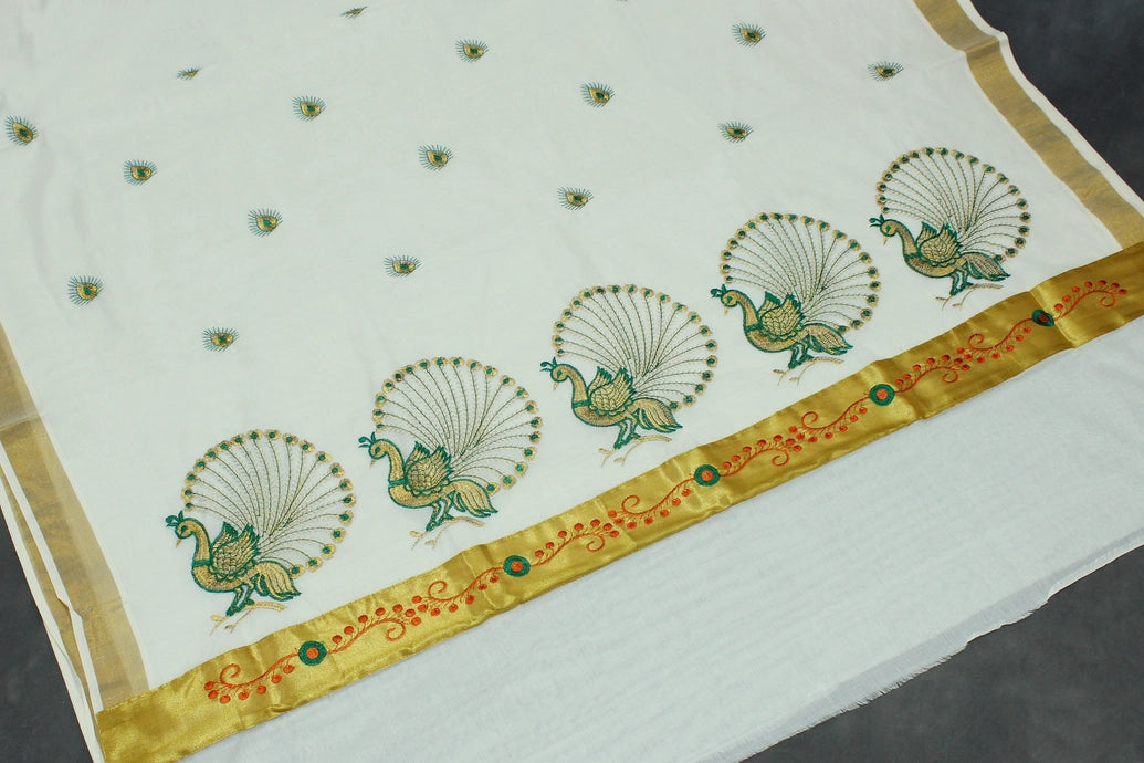 White Kerala Cotton Saree with Gold Zari and Green Peacock Thread Embroidery, Lightweight Traditional Pallu, Includes Blouse Piece