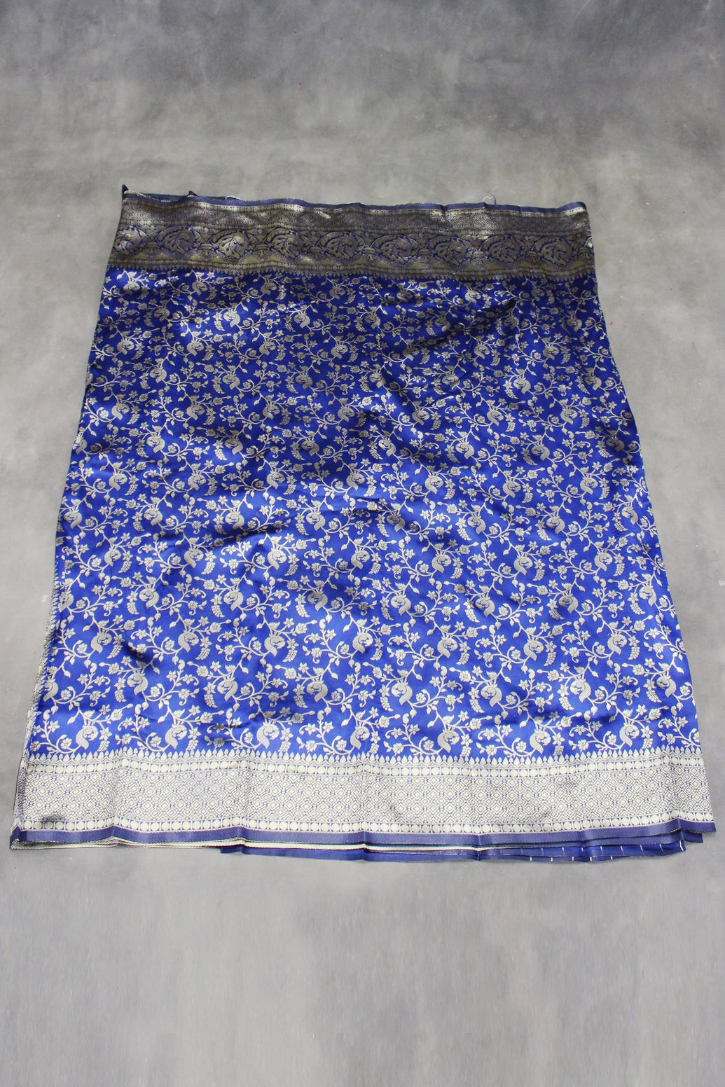 Blue Banarasi Handloom Satin Saree with Woven Embroidered Floral Print and Blouse