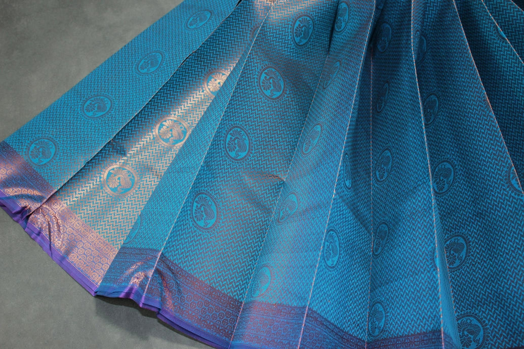 Bridal Kubera Pattu Silk Saree in Blue with Grand Pallu and Full Body Zari Work, Matching Blouse