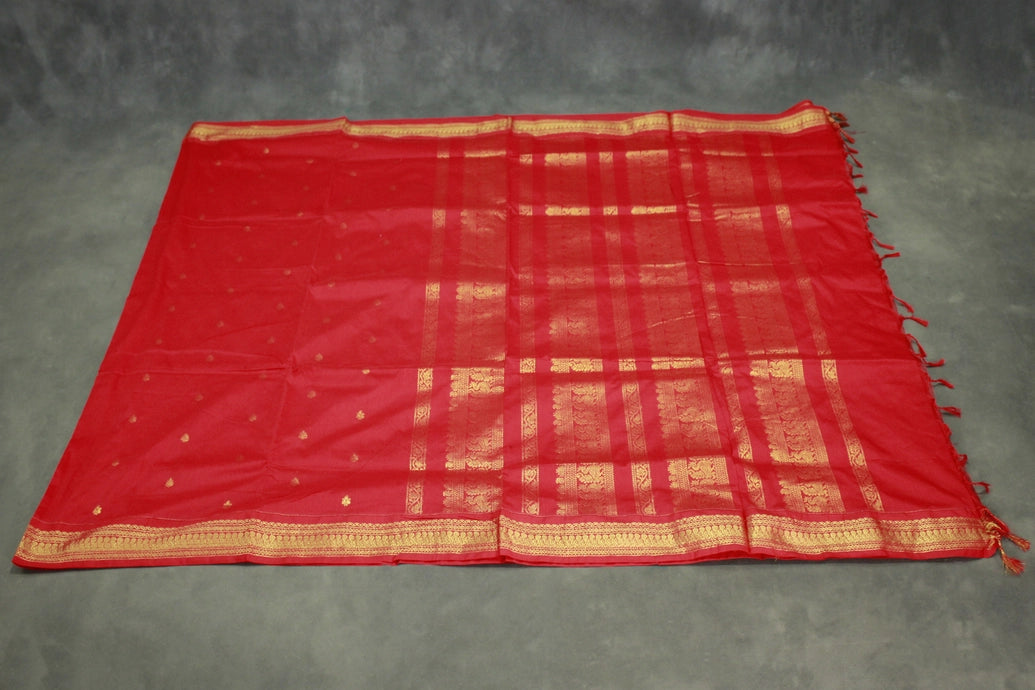 Tomato Red Kalyani Cotton Saree with Putta Design and Zari Border Saree with Blouse