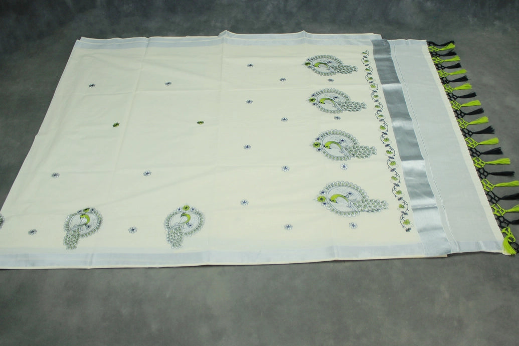 Half White Kerala Cotton Saree with Peacock Embroidery Silver Zari Thread Work