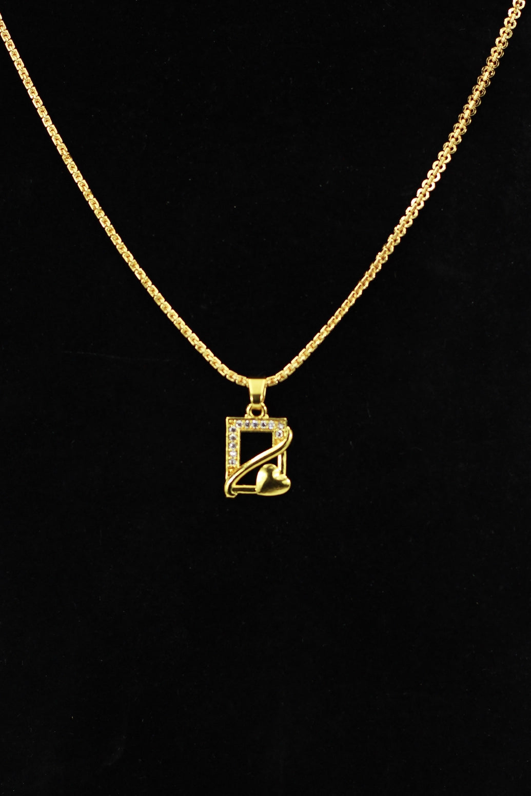 Gold-Tone Geometric Chain Necklace with Studded Frame and Heart Charm for Women