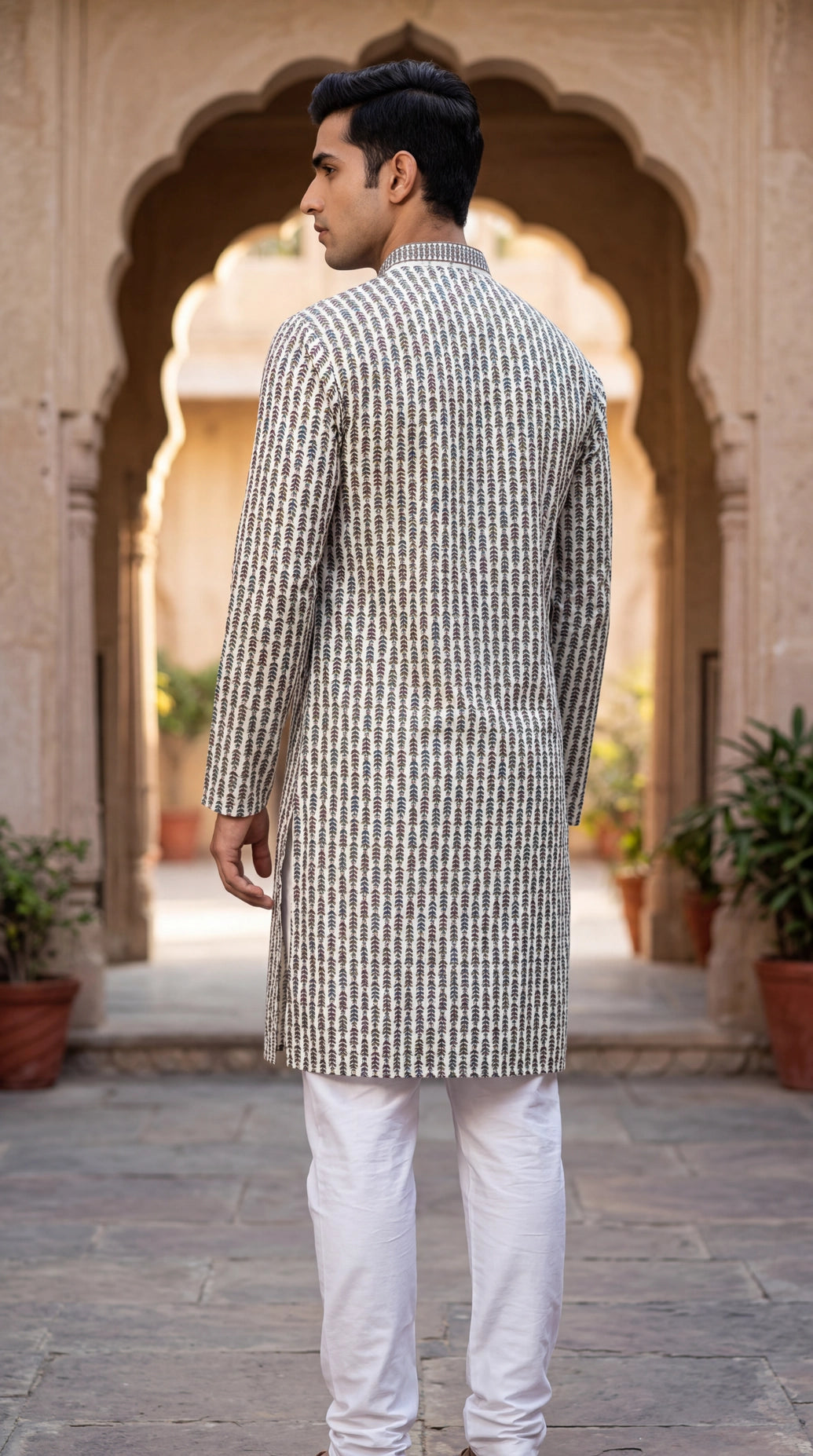 Men’s Cream Cotton Kurta with Multicolor Floral Thread Embroidery (Pareek) – Traditional Ethnic Wear
