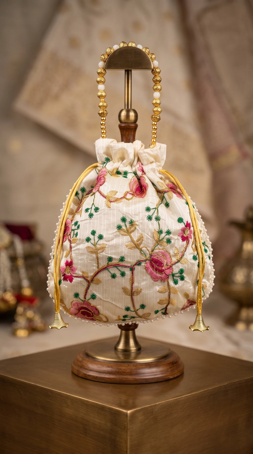 Floral Embroidered Cream Potli Pouch with Pearl Bead Trim and Drawstring — Ethnic Wedding Festive Gift Bag