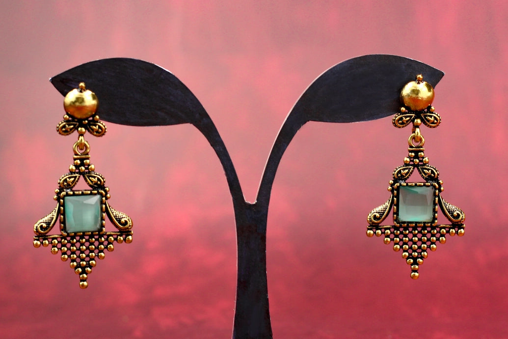 Mint Green Square Stone Dangling Earrings – Antique Gold Ornate Frame, 2.4 inch Indian Fashion Jewellery Jewelry JCS Fashions