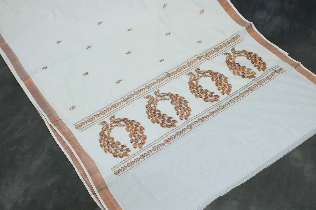 Pure Kerala Cotton White Saree with Copper Zari Peacock Embroidery, Includes Blouse Piece