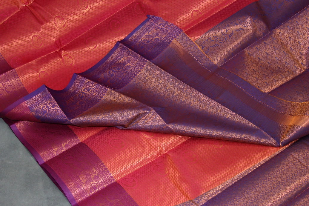 Red Pink Bridal Kumbh Bakasara Pattu Saree with Full Body Zari Work and Traditional Border