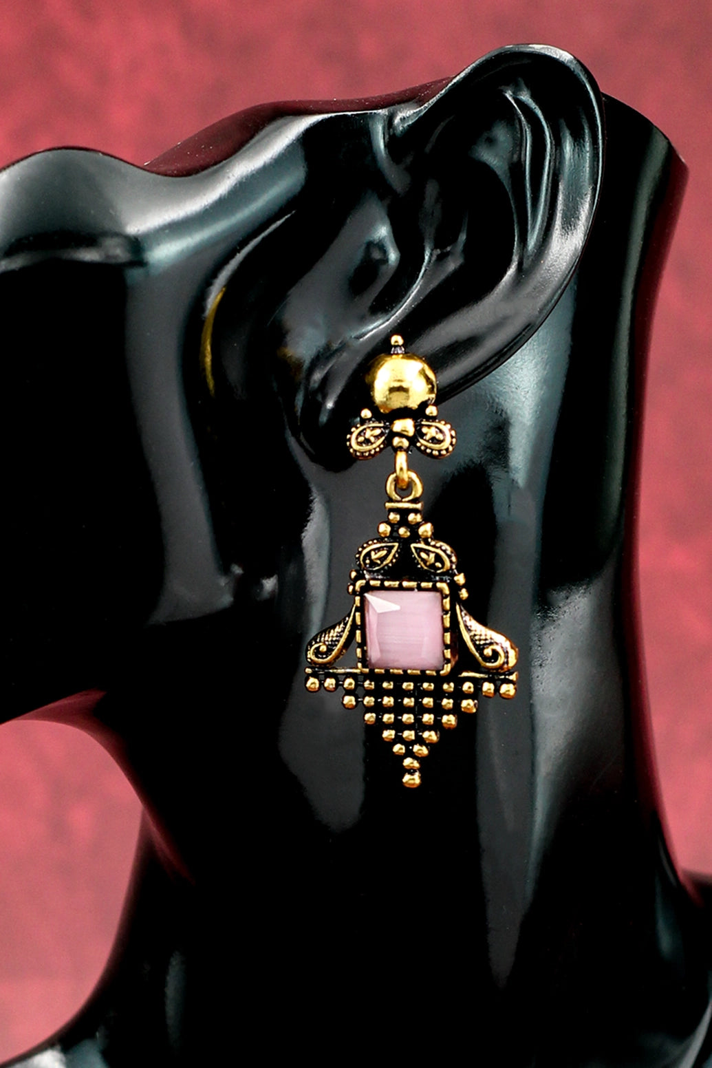 Antique Gold-Tone Dangling Earrings with Light Pink Square Stone - Ornate 2.4 inch Jewelry JCS Fashions