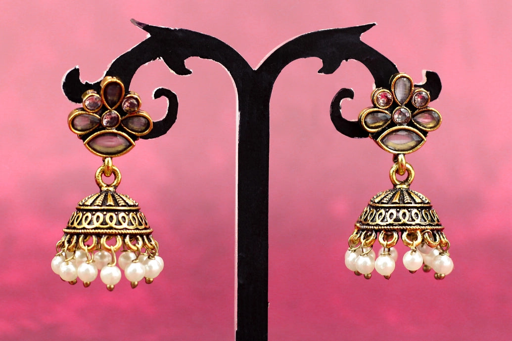 Grey Floral Stud Jhumka Earrings with Pearl Drops - 1.5 inch Jewelry JCS Fashions