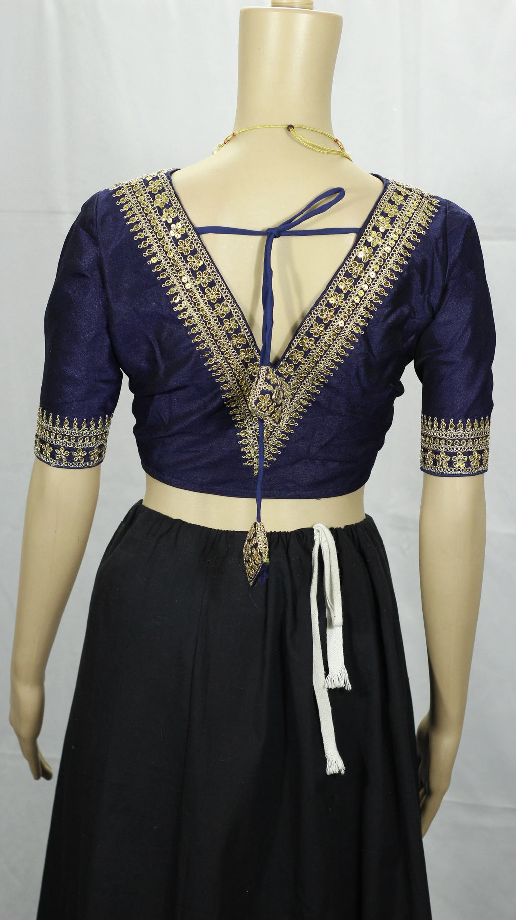 Dark Navy Blue Readymade Designer Padded Blouse with Gold Zari & Sequin V-Neck, Elbow Sleeves, Back Knot