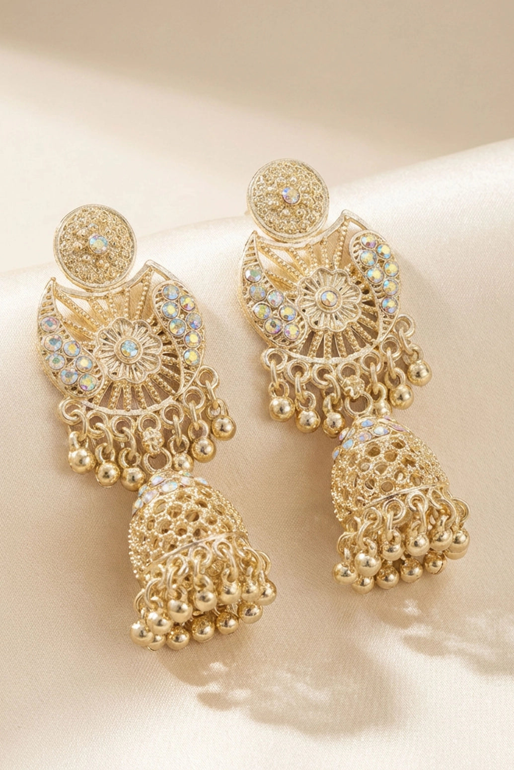 Traditional Oxidized Gold-Tone Jhumka Earrings with Floral Stud & Iridescent Stones (Sandal)