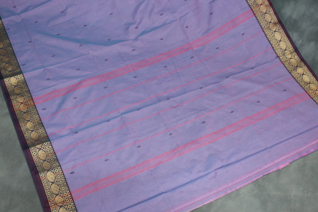 Lavender Poly Cotton Butta Saree with Gold-Thread Lotus Border Saree JCS Fashions