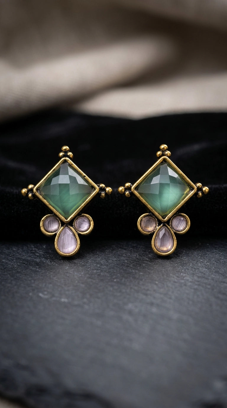 Mint Green Square Stone Stud Earrings with Gold-Tone Frame and Crystal Accents for Ethnic Wear