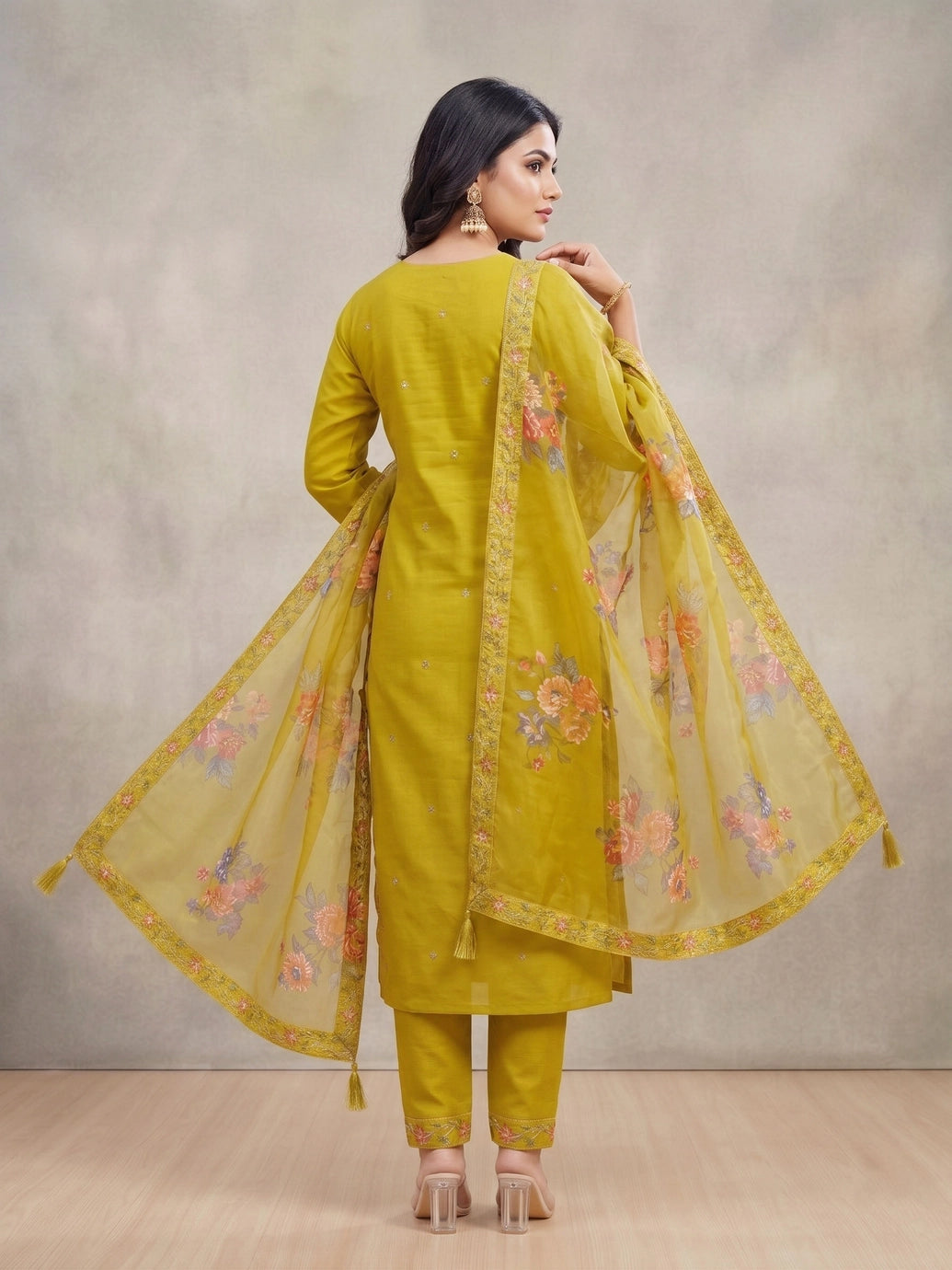 Yellow Roman Silk 3-Piece Kurti Set with Embroidered Work & Chinon Dupatta, Elastic Pant
