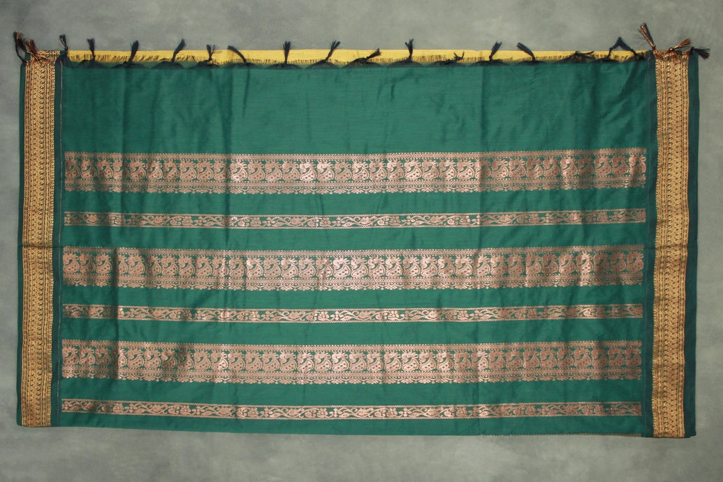 Mustard Kalyani Cotton Saree with Putta Design and Zari Border, Comes with Blouse