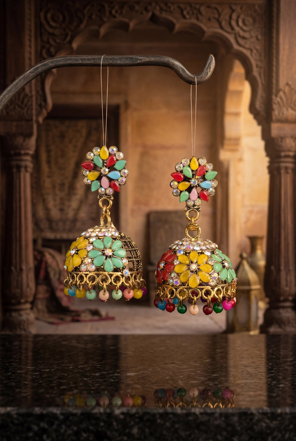 Traditional Gold-Tone Jhumka Earrings with Floral Stud & Multicolor Bead Danglers