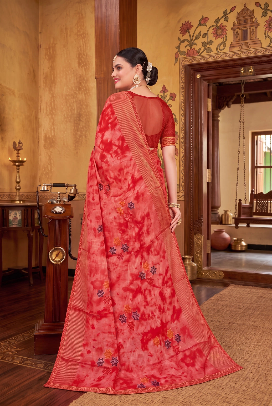 Pink Chiffon Fancy Saree with Tie-Dye Star Motifs and Shimmer Striped Border with Blouse