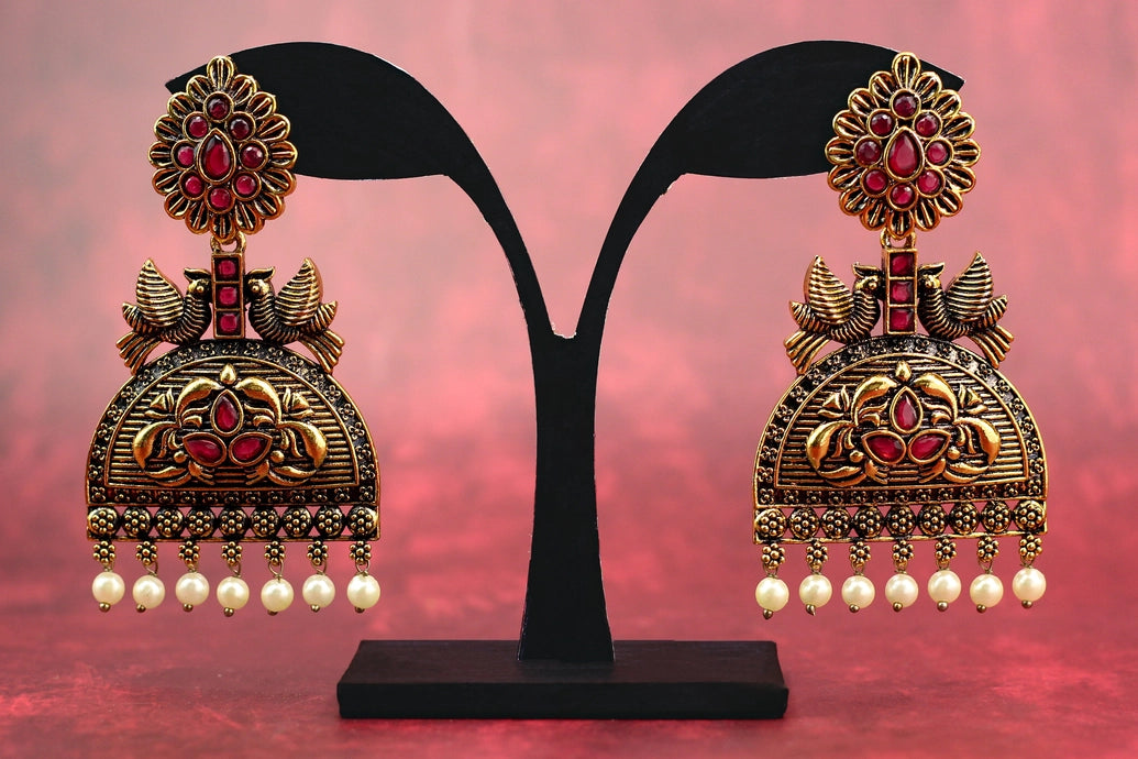 Red Stone Antique Gold Jhumka Earrings with Pearl Drops - 3 Inch Traditional Indian Fashion Jewellery Jewelry JCS Fashions