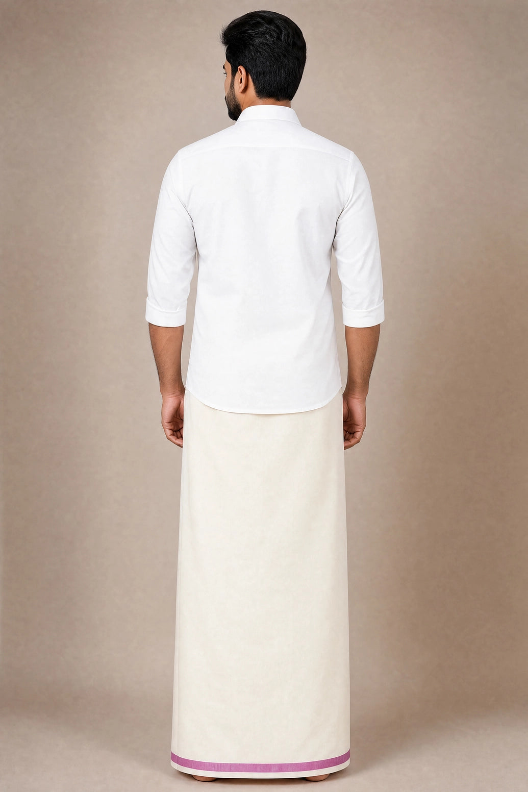 Men’s Off-White Cotton Dhoti with 0.25 inch Coloured Border, 2 Metre Single Veshti for Wedding & Festive Wear