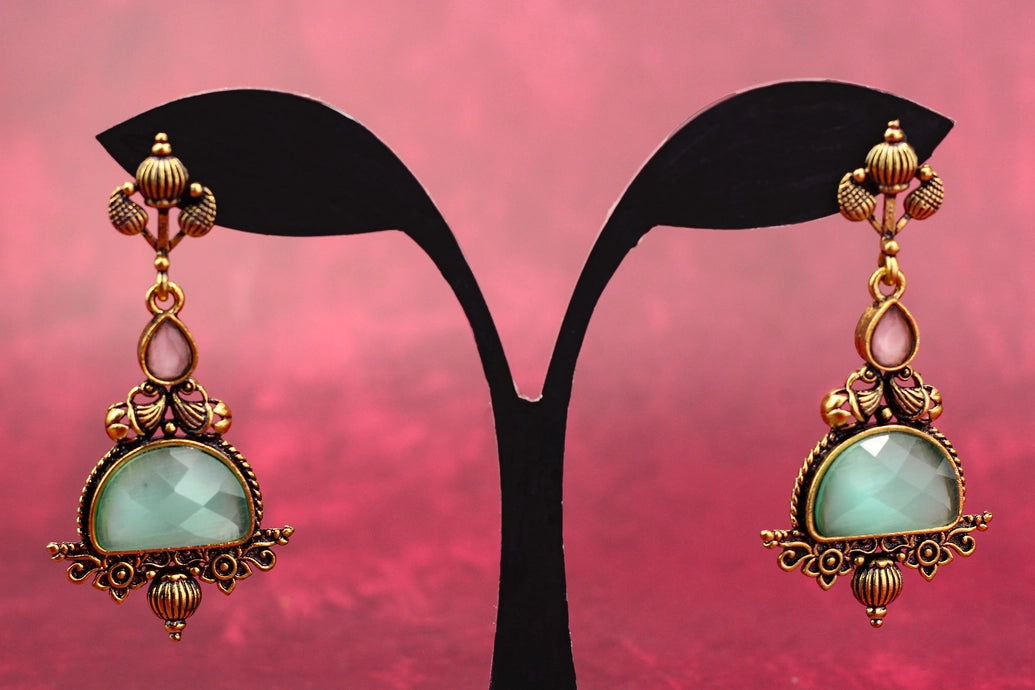 Mint Green Faceted Stone Dangler Earrings - Antique Gold-Tone 2.6 inch Jewelry JCS Fashions