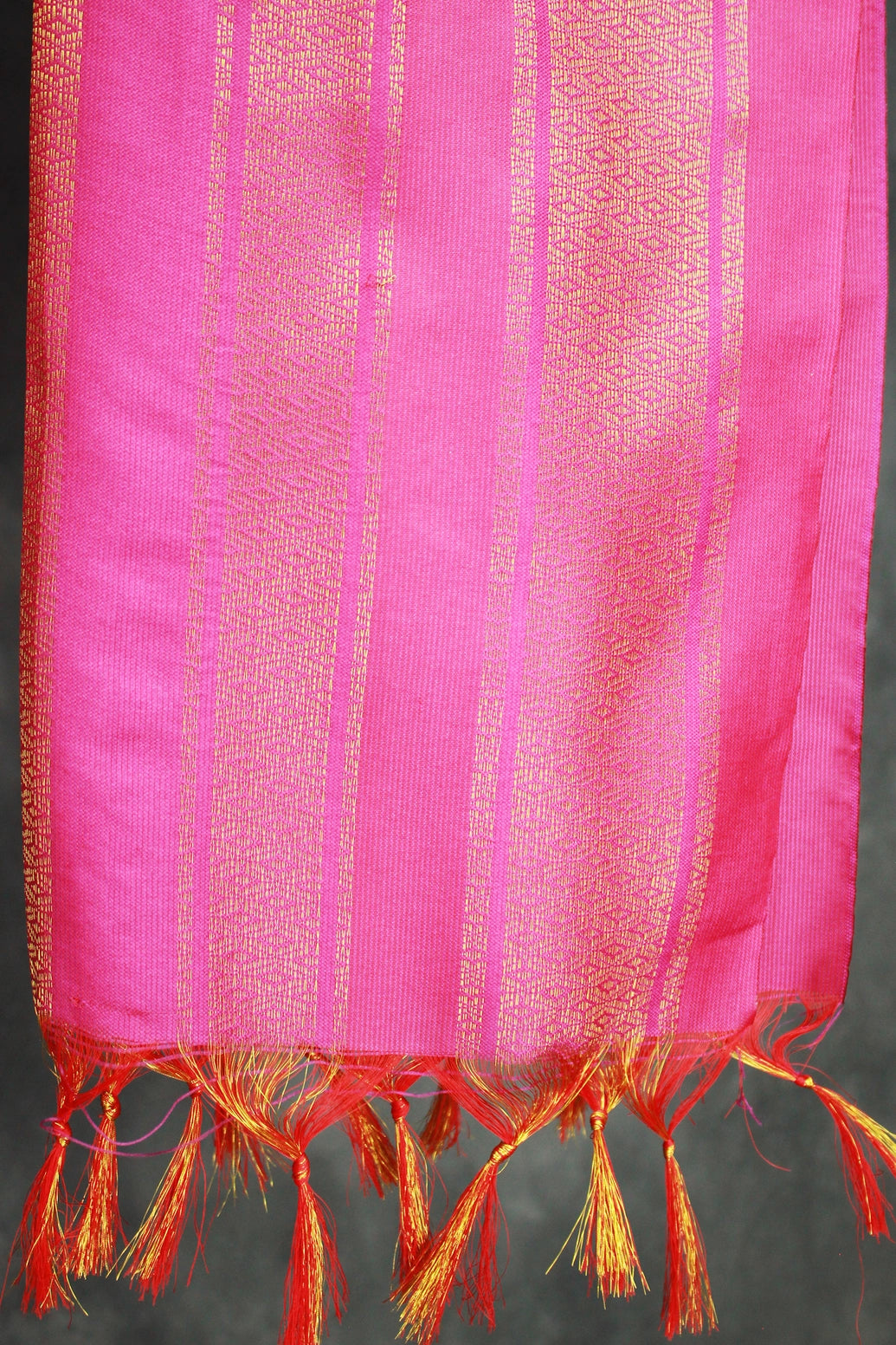 Magenta Pink Ponnadai Poly Silk Jacquard Temple Shawl with Zari Design and Tassels for Pooja & Functions