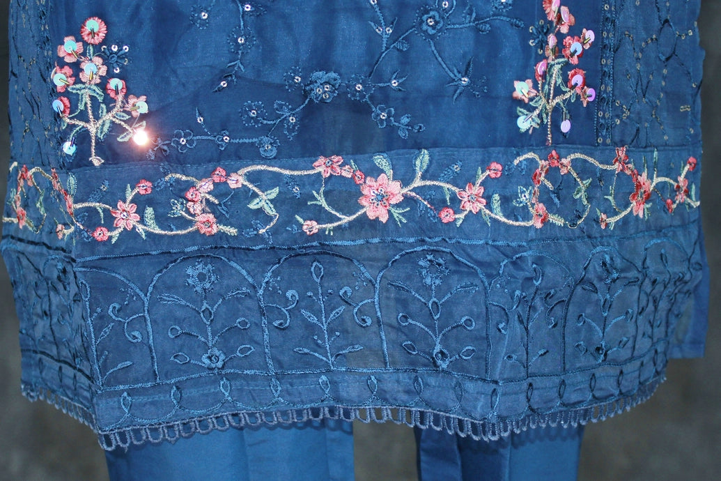 Navy Blue 3-Piece Organza Kurti Set with Khatli Work, V-Neck Embroidery & Sequins, Suit Bottom & Border Dupatta