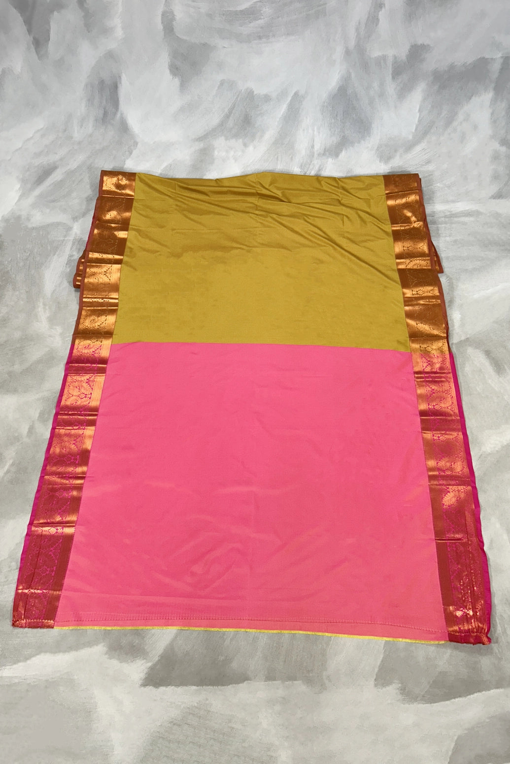 Mustard Korvai Soft Silk Saree with Delicate Gold Zari Buttas and Traditional Floral Border
