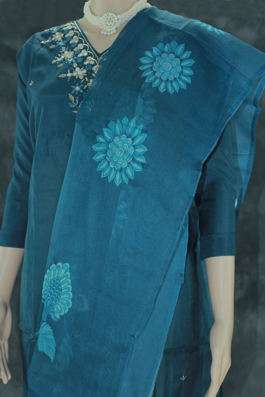 Navy Blue Silk 3-Piece Pakistani Salwar Set with Embroidered V-Neck Kurti, Elastic Pants & Organza Dupatta