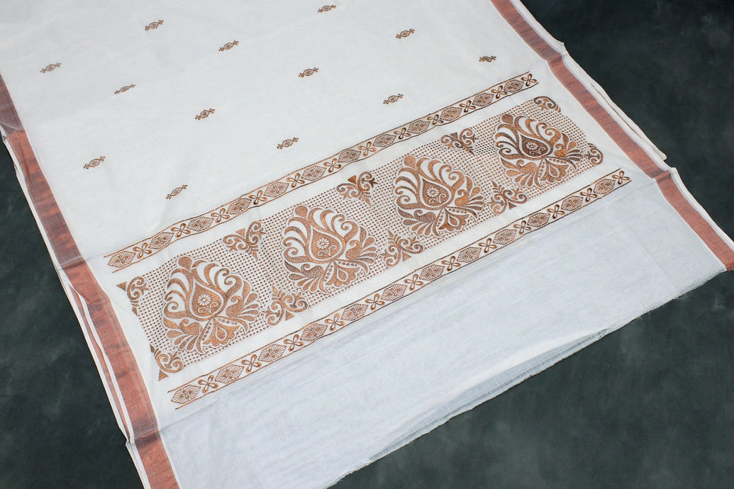 Pure Kerala Cotton White Saree with Copper Zari Peacock & Leaf Embroidery