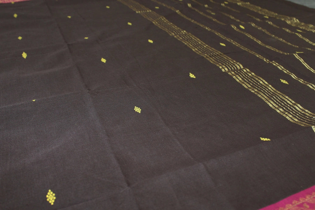 Dark Brown Poly Cotton Saree with Gold Zari Border and Butta Motifs Saree JCS Fashions