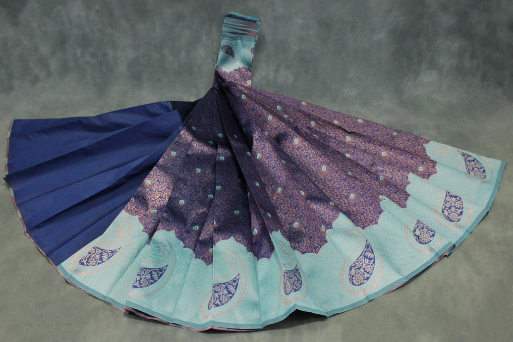 Blue Kubera Pattu Saree with Contrast Design Border and Blouse Piece for Semi Silk Look