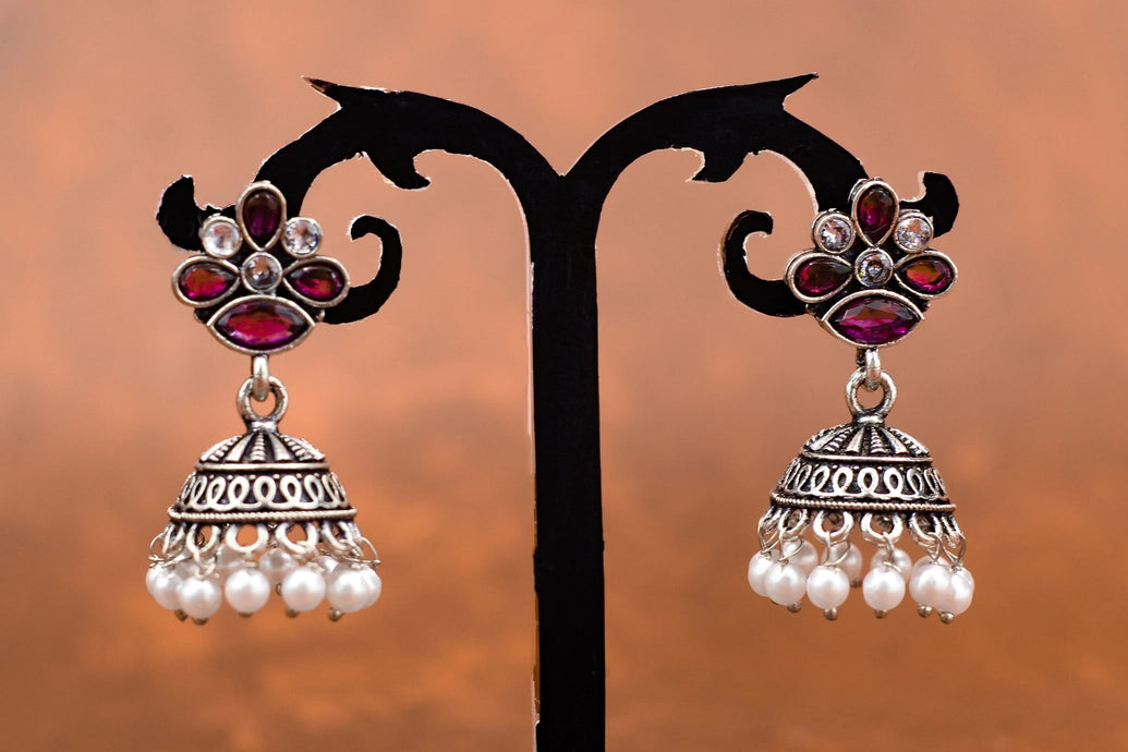 Purple Stone Floral Jhumka Earrings - Oxidised Silver-Tone Fashion Jewellery, 1.5 inch, For Indian Ethnic Wear Jewelry JCS Fashions