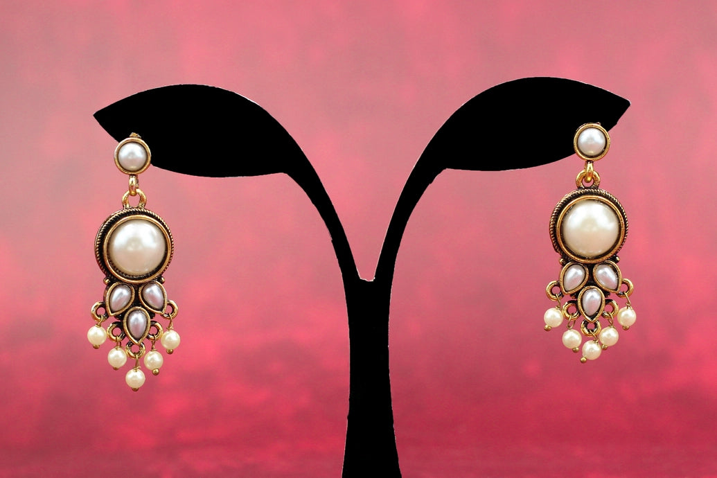 Antique Gold-Tone Pearl Drop Earrings with White Beads Jewelry JCS Fashions