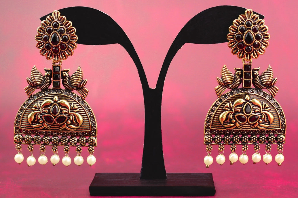 3-inch Antique Gold-Tone Black Stone Jhumka Earrings with Pearl Drops - Traditional Indian Fashion Jewellery Jewelry JCS Fashions