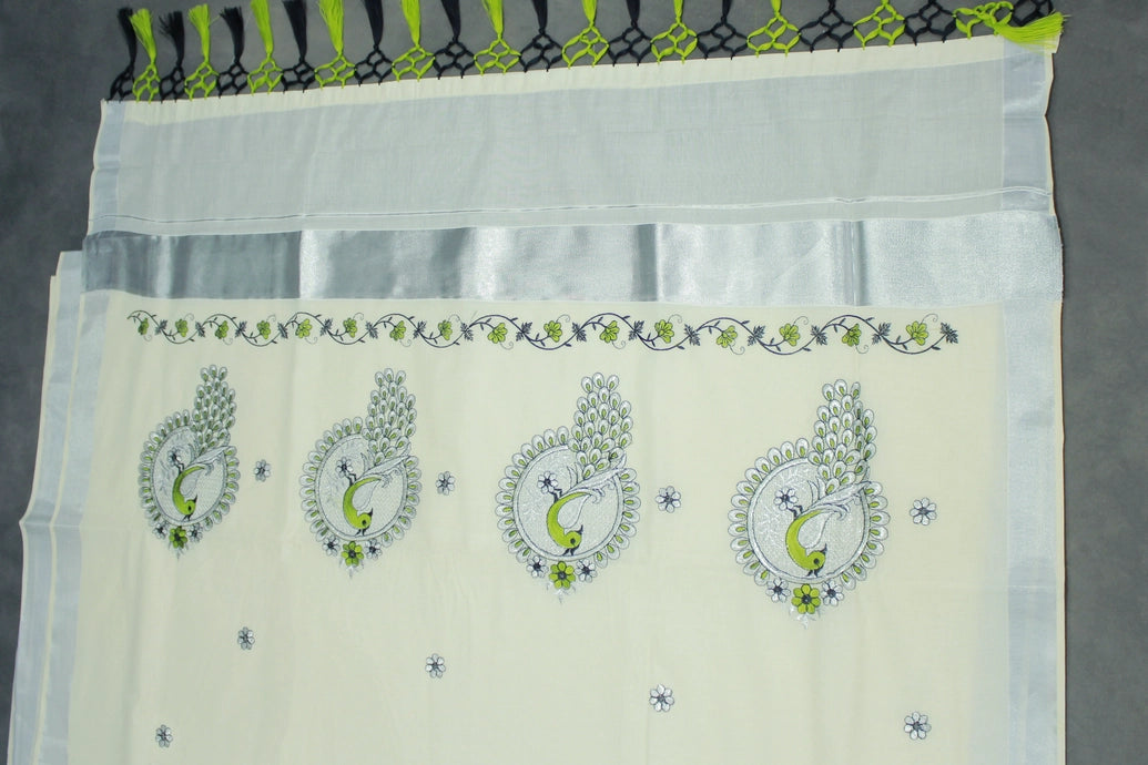 Half White Kerala Cotton Saree with Peacock Embroidery Silver Zari Thread Work