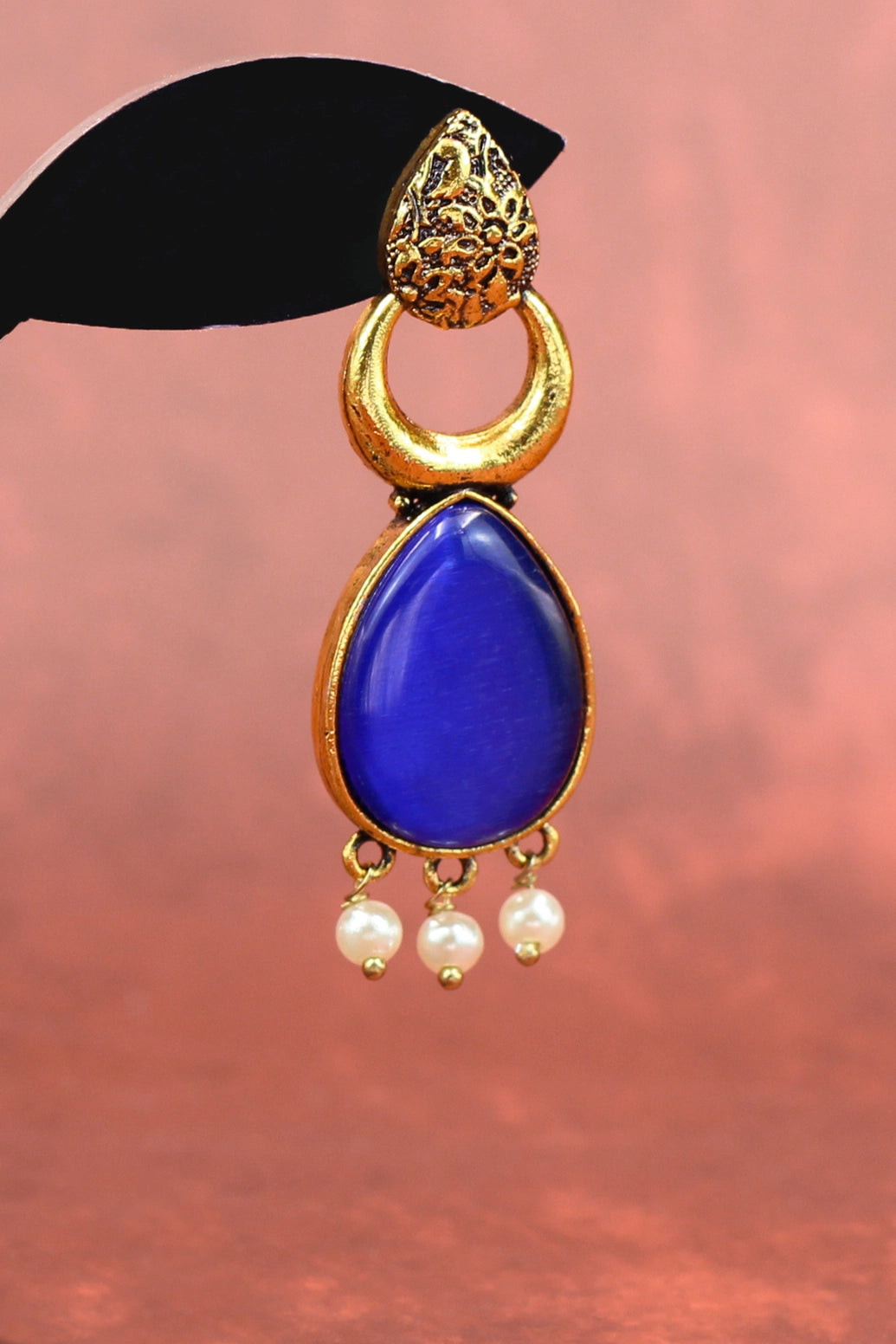 Gold-Tone Blue Teardrop Ethnic Earrings with Pearl Drops – Traditional Fashion Jewellery Jewelry JCS Fashions