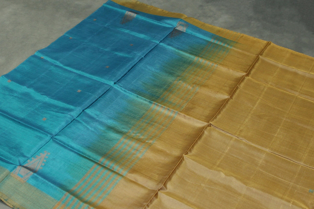 Banana Pith (Vaazhai Naar) Golden Brown Borderless Saree with Teal Butta Motifs - Handwoven