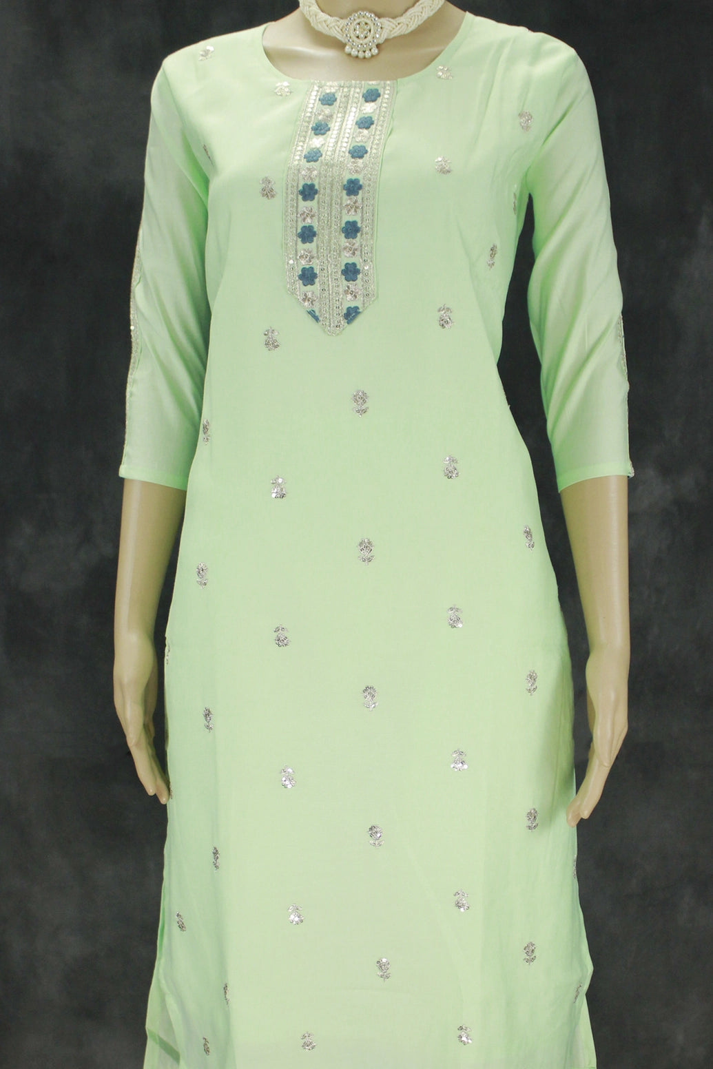 Beautiful Cotton 3 piece set, Pant with Elastic and shawl. blue and gold floral embroidery and sequin embellishments, Soft chiffon fabric Du