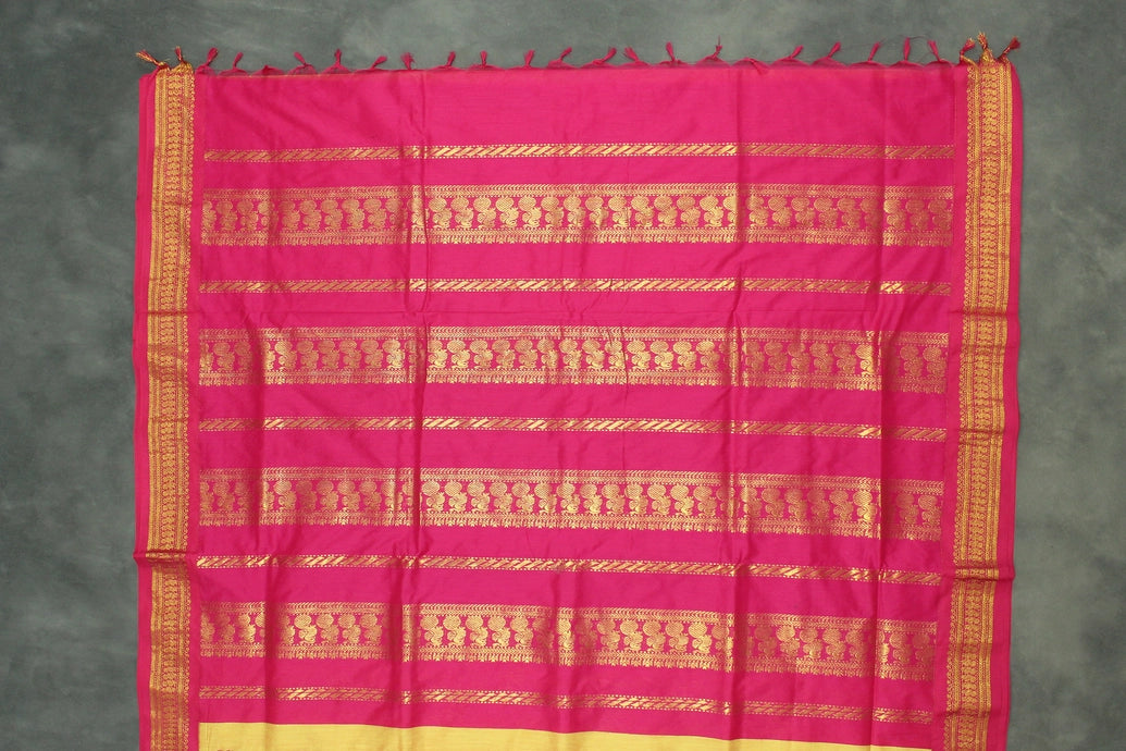 Yellow Silk Cotton Saree with Magenta Grand Pallu and Thick Gold Zari Border Saree JCS Fashions
